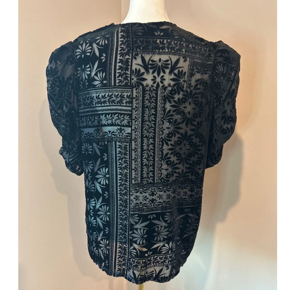 Johnny Was Amatan Ruched Velvet Blouse Black Silk Blend Burnout Sheer XS